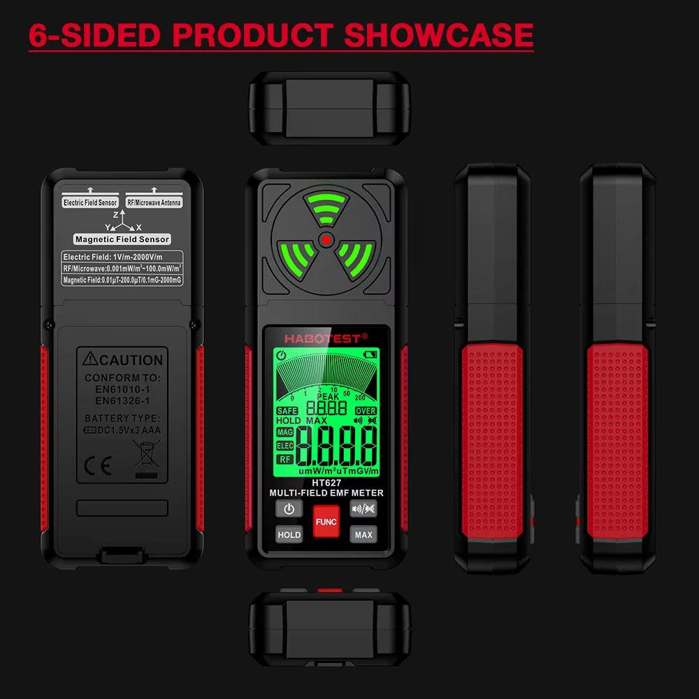 Radiation Detector EMF Meter Tester HABOTEST HT627 Electromagnetic Field Radiation Detector Tester EMF Meter Multifunctional Portable Radio Frequency Warn Meter