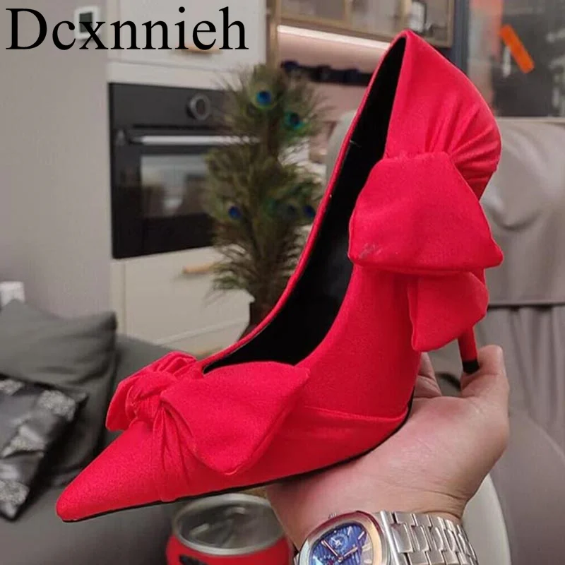 

2024 New pointed fashionable high heels women bow decoration slippers shallow mouth single shoes spring and autumn sexy sandals