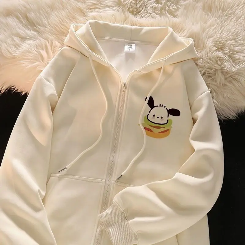 

Sanrios Pochacco Hooded Sweatshirt Spring and Autumn Cartoon Girls Loose Oversize Hooded Jacket Kawaii Zipper Warm Cardigan