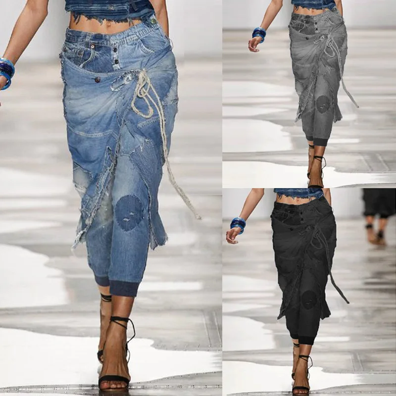 

Ripped Jeans for Women Lace Up Fashion Solid Mid Waist Denim Trousers Casual Loose Hip-pop Streetwear Jean Pants S-5XL