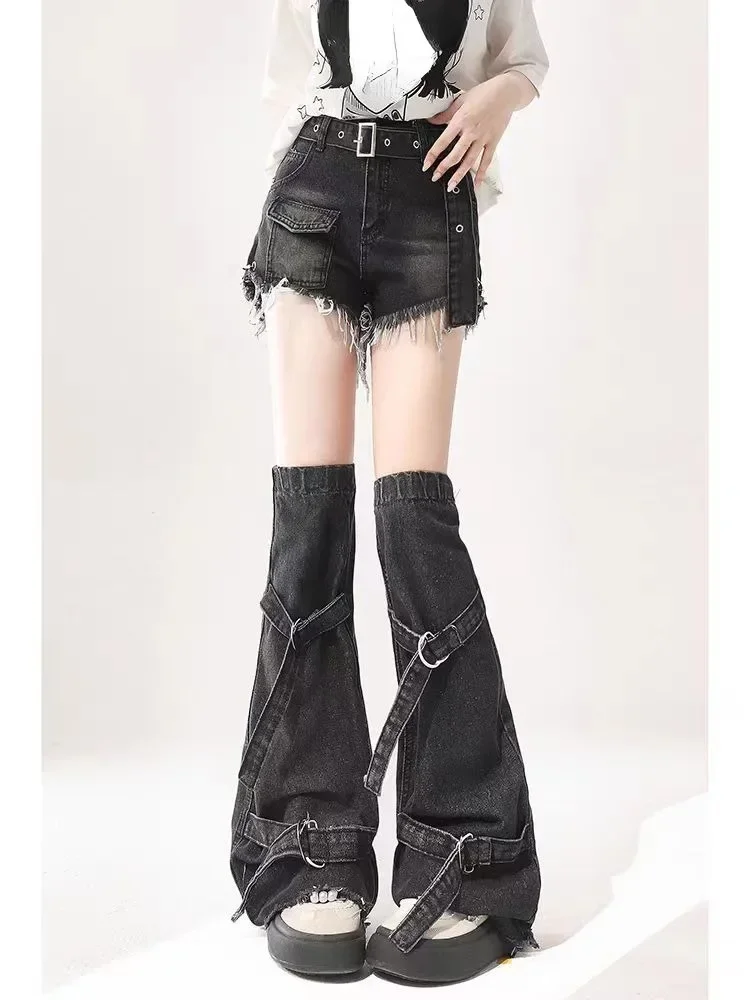 Y2K Gothic Street Wear American Retro Women's Cut Denim Shorts Summer Fashion New Leg Covers Two Piece Set High Waist Pants