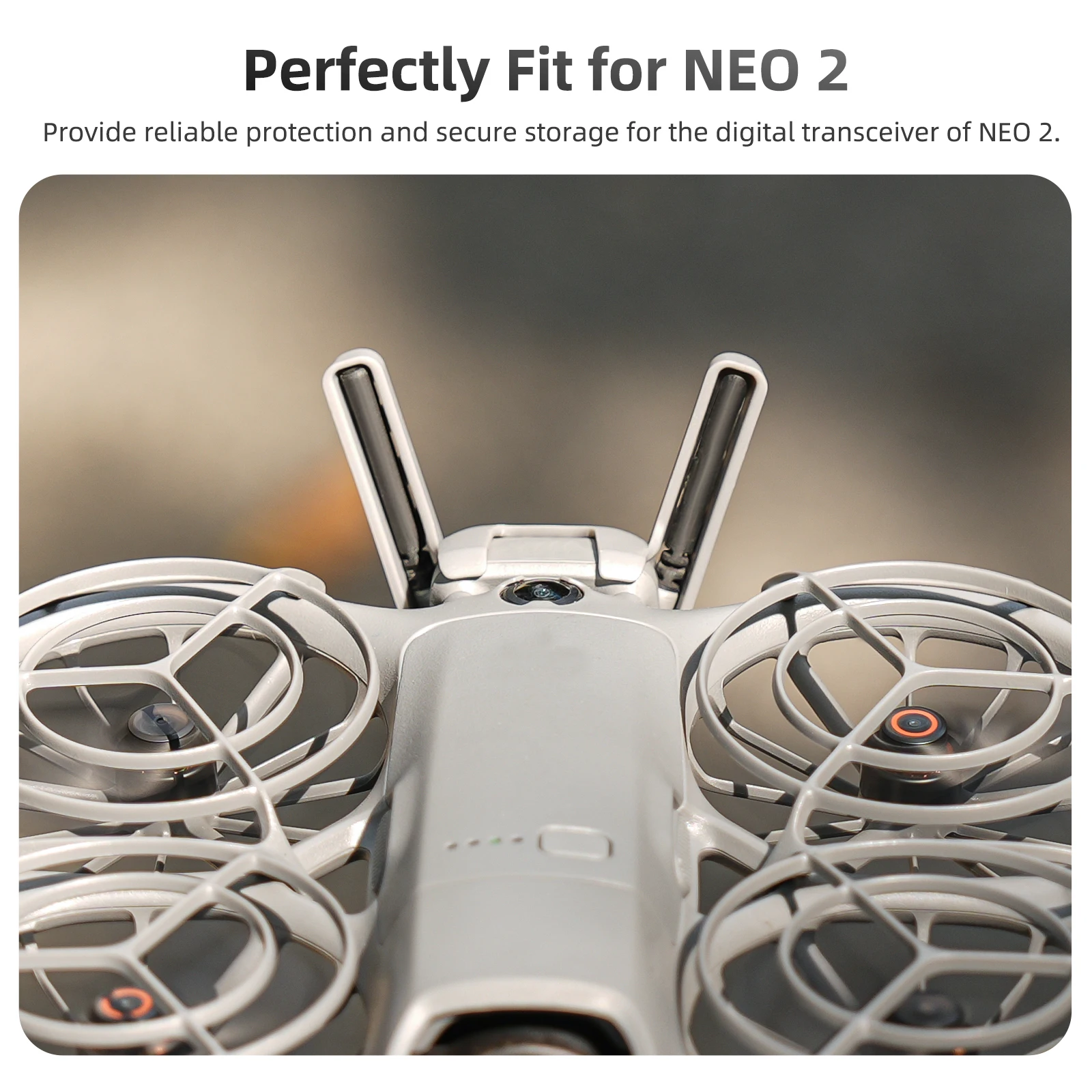 Protection drone NEO 2 : hélice en silicone fixée sur un bras de drone, vue en gros plan