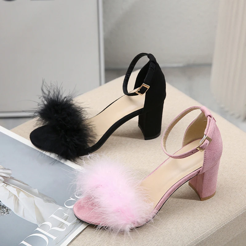 Glitter Stiletto High Heel Pink Sandals With Fluffy Fur Shoes - TGC Boutique