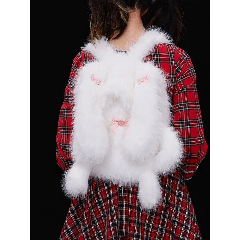 Rabbit Bag Japanese Style Cute Sweet Girl White Backpack Fun Fluffy   New Casual Simple Cute Backpack Daily Commute All-match