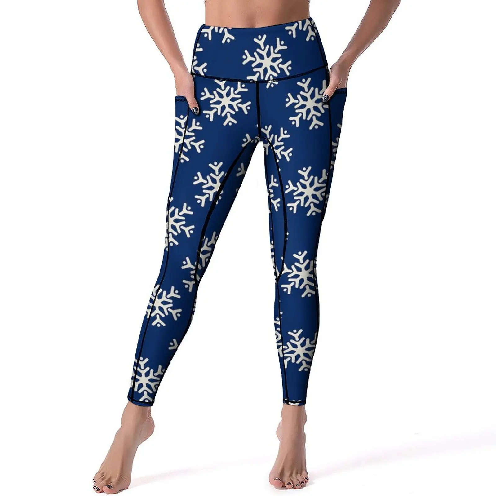 

Winter White Snowflake Leggings Pockets Christmas Custom Yoga Pants Push Up Fitness Yoga Legging Novelty Elastic Sports Tights