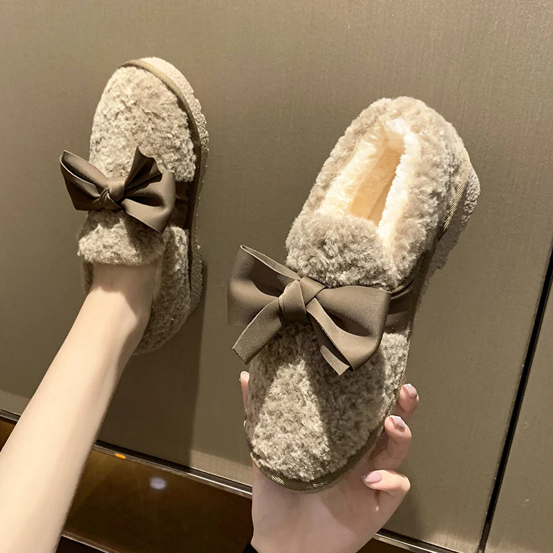 

Туфли женские на меху, повседневные кроссовки с бантом, с круглым носком, с бабочкой, базовая обувь из флока, Мокасины, лоферы, Осень-зима