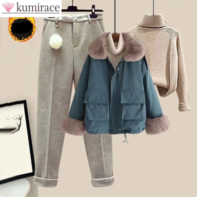 Korean Popular Winter New Style Wool Collar Parka Knitted Sweater Flocked Casual Pants Three Piece Elegant Women's Pants Set