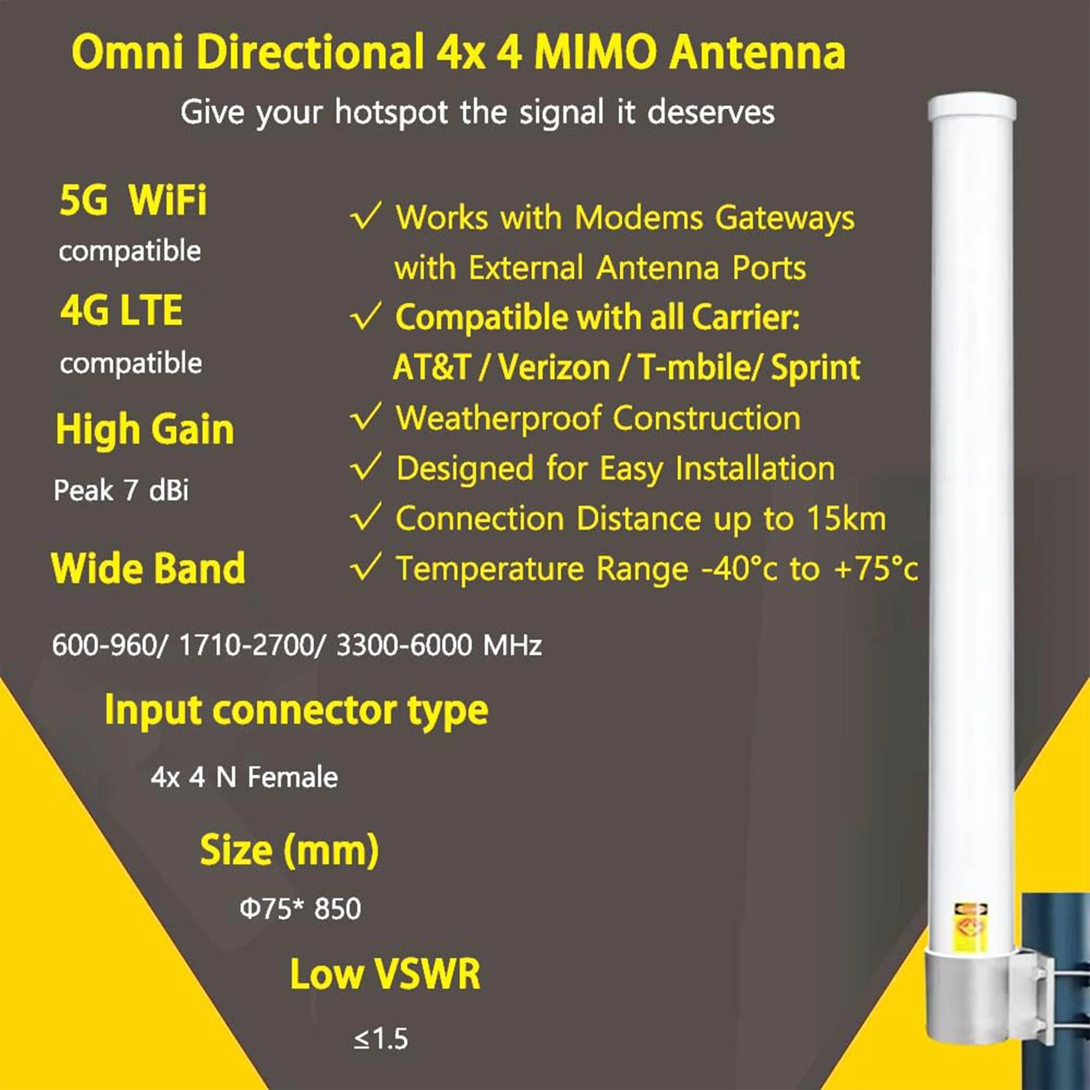 T-Mobile 옴니 4x4 MIMO N71 셀룰러 핫스팟 라우터 게이트웨이용 야외 4G LTE 5G 안테나 (600-6000MHz, 10미터 케이블 포함)