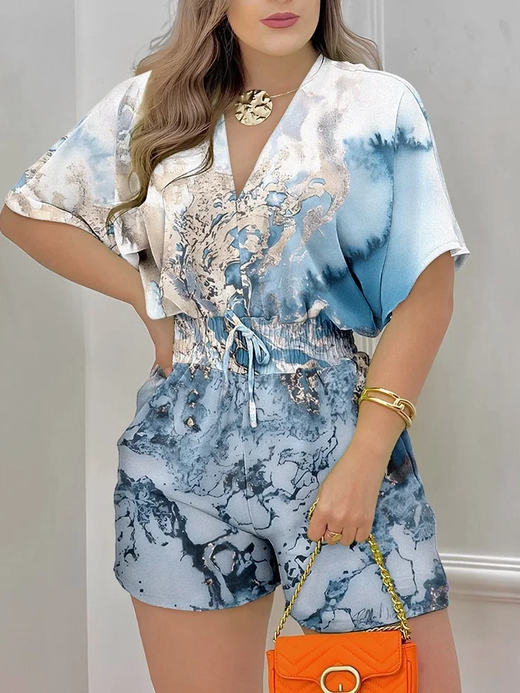 Wmstar Women Jumpsuit New Loose Casual Printing Fashion V-neck Short Sleeve Waist Shorts Drawstring Pleated Streetwear Romper