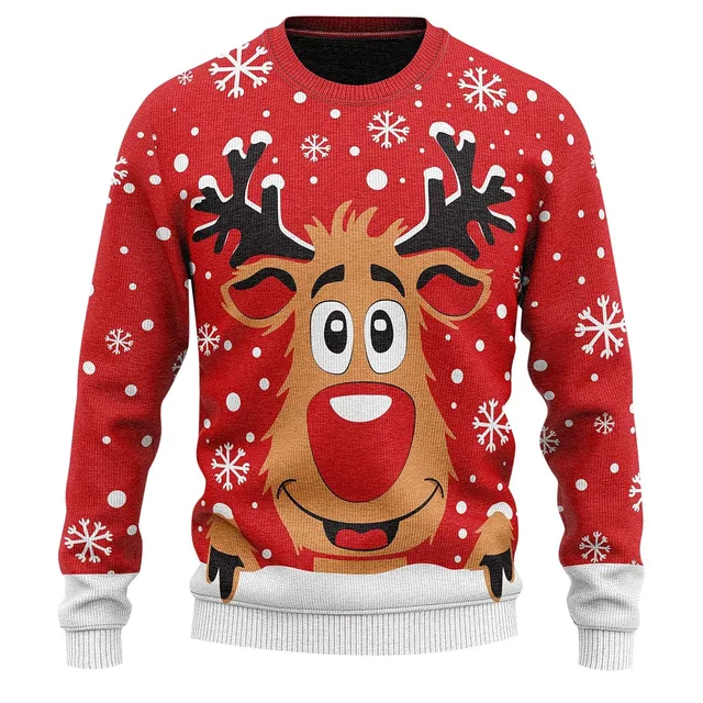 Ugly Christmas Sweater Women Reindeer Print Oversized Knit Sweater Winter Round Neck Long Sleeve Cozy Holiday Sweater Knitwear 1