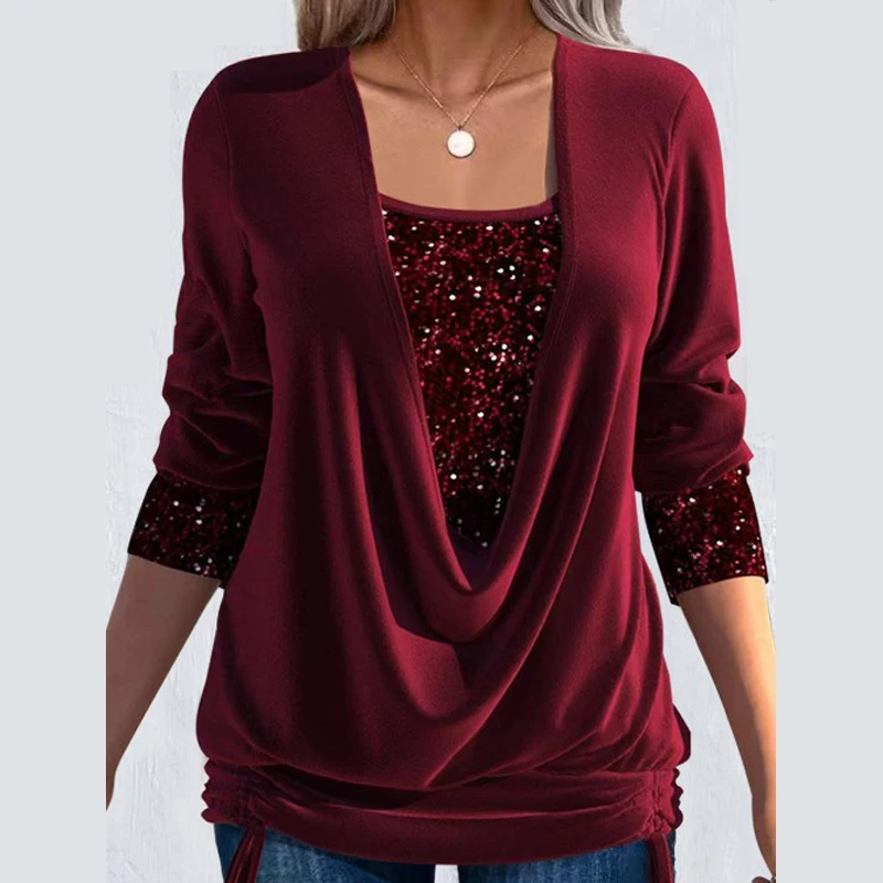 

Sequin Loose Smocked Fake Two-Piece Top Long Sleeved Women's Clothing Loose Neckline Pleating Fake Two Tops