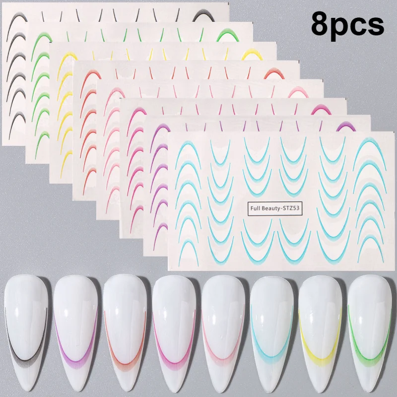 8pcs Gradient French Line Water Nail Stickers Set Colorful Stripe Ombre Designs Decals Guides for DIY Decoration Stencil Tools 2