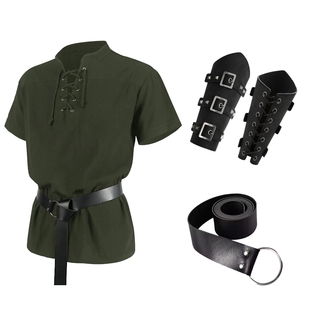 thumbnail image 1 of piezas de blusa renacentista para hombre, traje de cosplay vikingo medieval con protector de brazos de piel sintética, camisas vikingas, traje de fiesta de carnaval de Halloween, 1 of 5