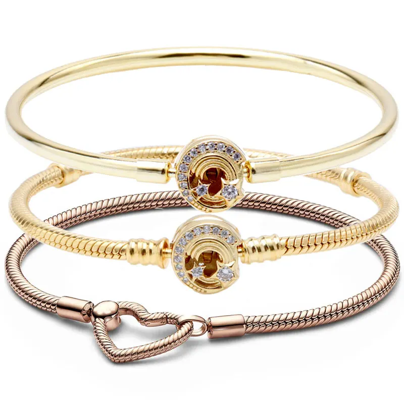 

Open Heart Closure Shooting Star Clasp Snake Chain Bracelet Fit Fashion 925 Sterling Silver Bead Charm Bangle DIY Jewelry
