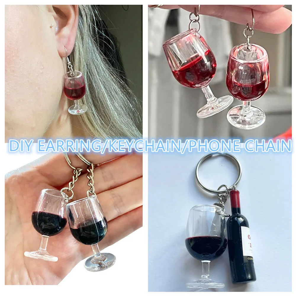 Elegant 3D Red Wine Glass Resin Charms - Set of 6 for Jewelry and Accessories Creation