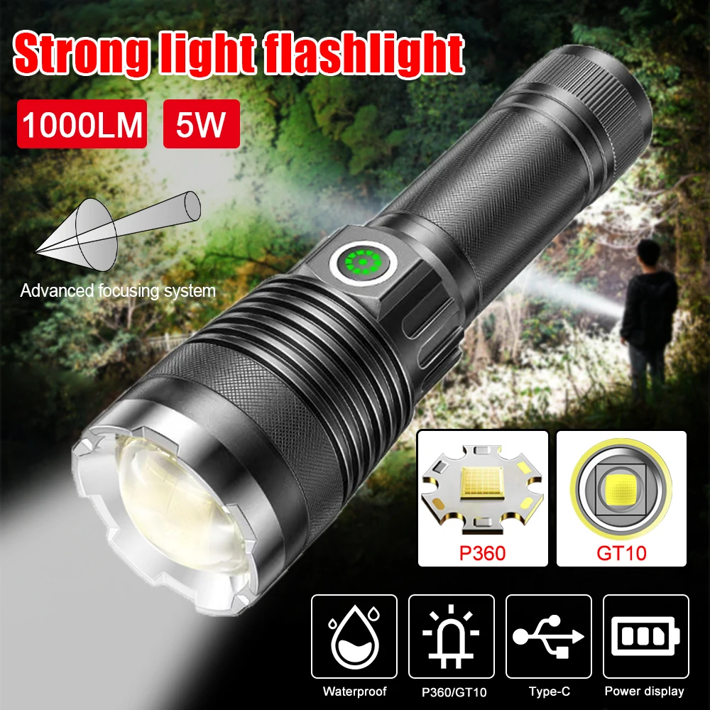 Waterdichte GT10/P360 Sterke Led Zaklamp 1000LM Usb Oplaadbare Zaklamp 5 Modi High Power Lantaarn| | - AliExpress