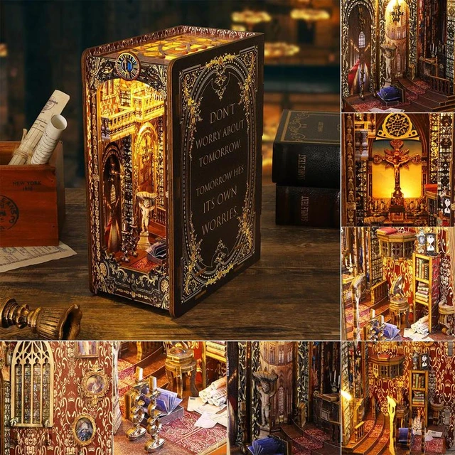 3D Wooden Puzzle Bookends LED Magic Book House Model Building Kit Shelf  Insert Miniature Dollhouse Model Building Set Creative - AliExpress