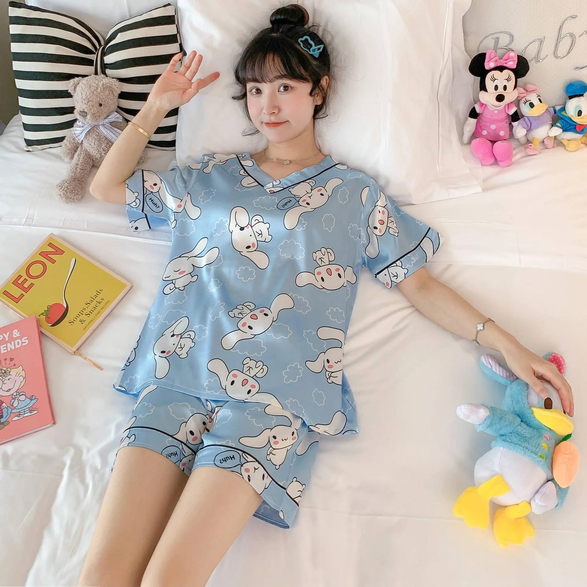 

V Neck Pijamas Set For Women Summer Short Sleep Top Pant Nightwear Ice Silk Home Service Female girl Pyjamas Suit Mujer Femme