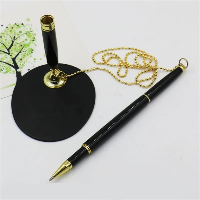 

Metal Rollerball Pen with Base Fix on table Counter Liquid ink Pen with Chain Finance Banking Pen Gel ink Pen Holder