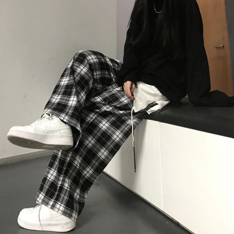 Lucyever Harajuku Black and White Plaid Pants Women Summer Casual Wide Leg Trousers Teens Hip Hop Unisex Loose Straight Pants - Image 3