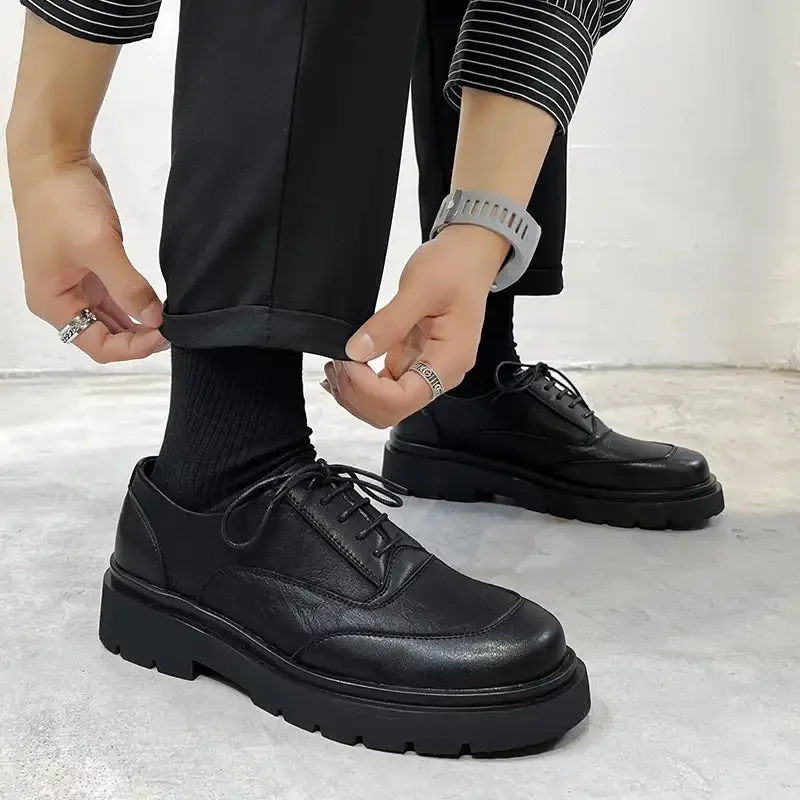 

Men Japan Karajuku Korean Style Streetwear Vintage Thick Platform Casual Genuine Leather Shoes Soft For Male Dress Leather Shoes
