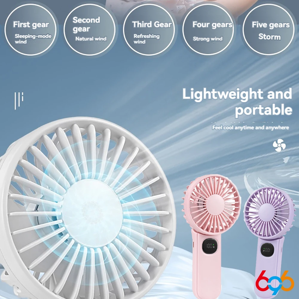 5 speed Adjustable Portable Neck Hanging Fan Removable 2400mah Battery Strong Wind Handheld Fan 180 &deg; Fold LED Light Displaying