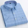 100% Cotton Breathable Men Oxford Short Sleeve Summer Plaid Striped Male Shirt Business Regular Fit Oversized Clothes 2