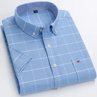100% Cotton Breathable Men Oxford Short Sleeve Summer Plaid Striped Male Shirt Business Regular Fit Oversized Clothes 2