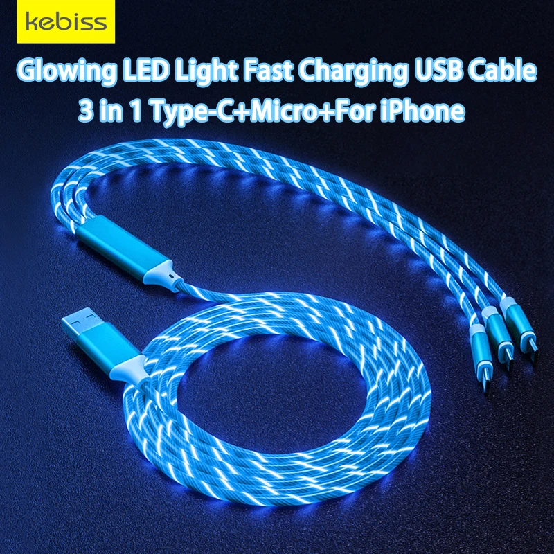 3 in 1 schnell aufladen glühende LED Licht Micro USB Typ C Kabel für  Samsung Xiaomi Redmi Poco Oppo Ehre Telefon Ladegerät USB-Kabel