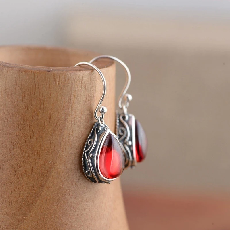 Huitan Waterdrop Red/Green Stone Dangle Earrings for Women Newly Designed Vintage Silver Color Female Daily Wear 2023 Jewelry