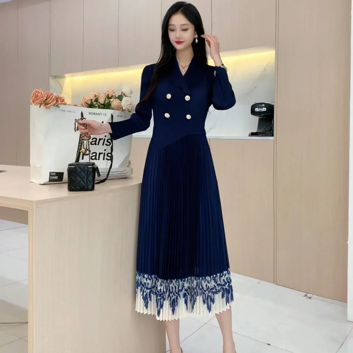 

Miyake Pleated Dress Printed Spring New Solid Color Lace Dress Suit Collar Temperament Thin Elegant Commuter Skirt Female