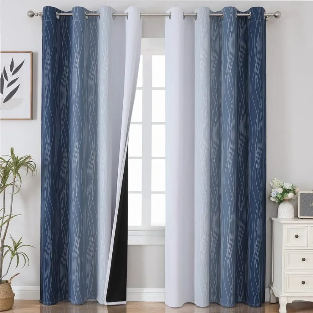 

Blue and Greyish White Blackout Curtains for Bedroom 84 Inches Long, Full Room Darkening Grommet Curtains for Living Room