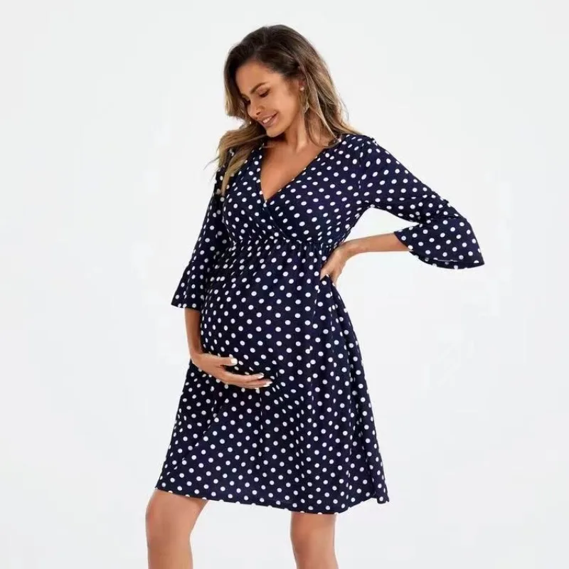 Summer Fashion High Quality Comfortable Trendy Breastfeeding Long Dress with Mid Sleeve Dots Pregnant Women's V-neck Dress 4 Sf8de933142d94a10b8d7f9fa66372f1fp