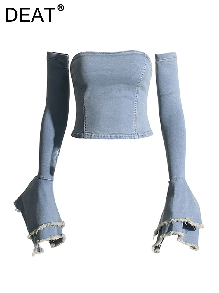 

DEAT Women's Denim Camis Strapless Slim Zipper Spliced Burrs Long Sleeve Blue Short Tank Tops 2024 Spring New Fashion 29L3205