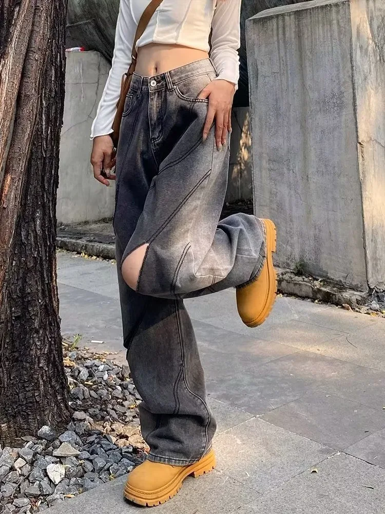 Spring And Summer Retro Niche Design Sense Cut Wide Leg Jeans, Men's Gradient Loose Fitting Straight Casual Pants Women's Jeans