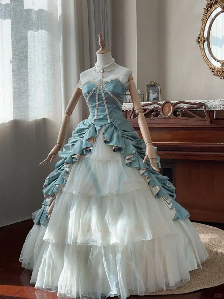 blue dress for baby girl Princess A Line Off the Shoulder Corset Prom Dress with Lace Ruffles –  KissDress main image 1