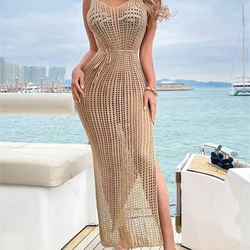 Summer Dresses For Women 2024 Hollow Out Knited V Neck Backless Sexy Maxi Dresses Bikini Beach Cover Ups