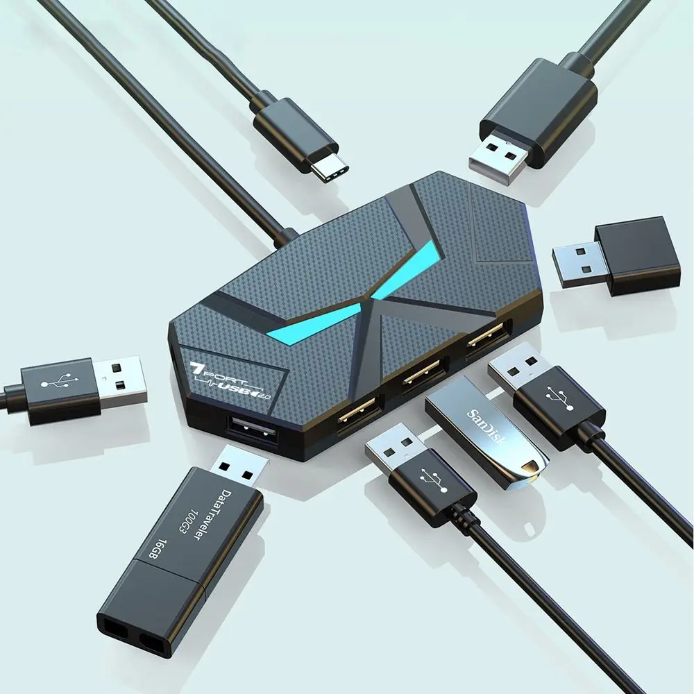 4/7 포트 USB 도킹 스테이션 유형 C 고속 전송 USB 분배기 어댑터 다기능 다채로운 조명