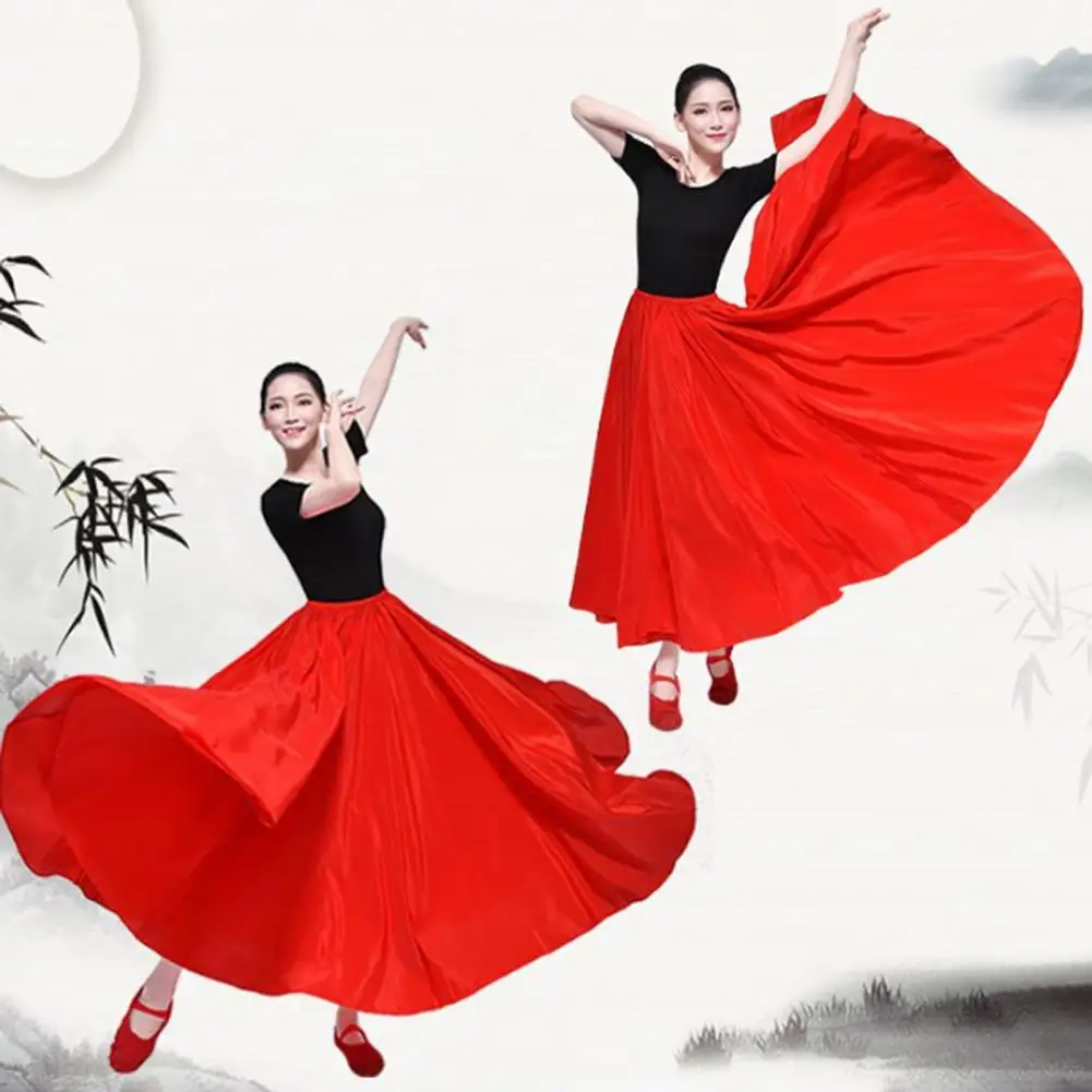 

Satin Dance Skirt Belly Women Gypsy Long Skirts Lady Performance Skirt High Elastic Waist Pleated Satin Long Spanish Skirts