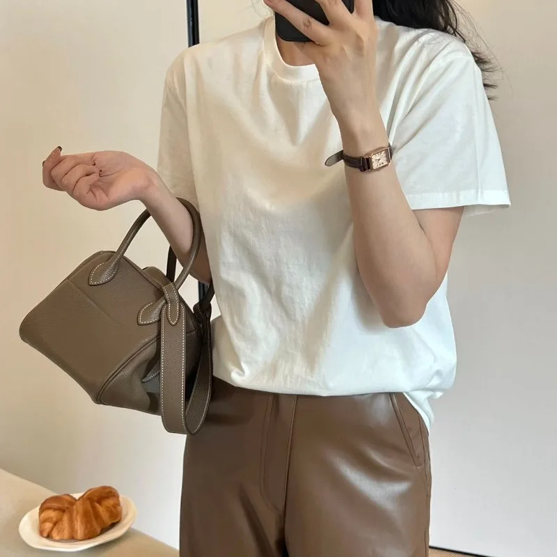 

2024 Spring Summer Women Tops Plain cotton round neck short sleeve solid color T-shirt