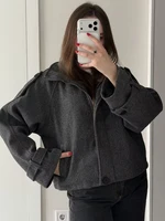 FSMG Vintage ample col montant manteau en laine pour les femmes décontracté solide manches longues chaud recadrée pardessus mode haute rue vêtements d'extérieur 2
