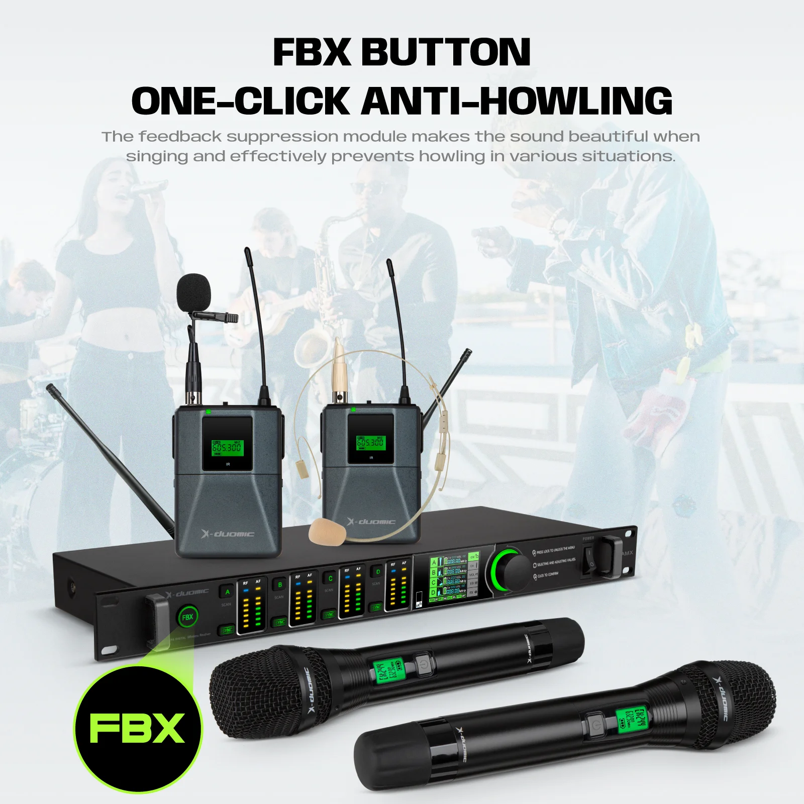 X-DUOMIC M300MAX 트루 다이버시티 무선 마이크, 밸런스드 리버브, 하울링 방지, 전문 무대 공연, 1 대 4