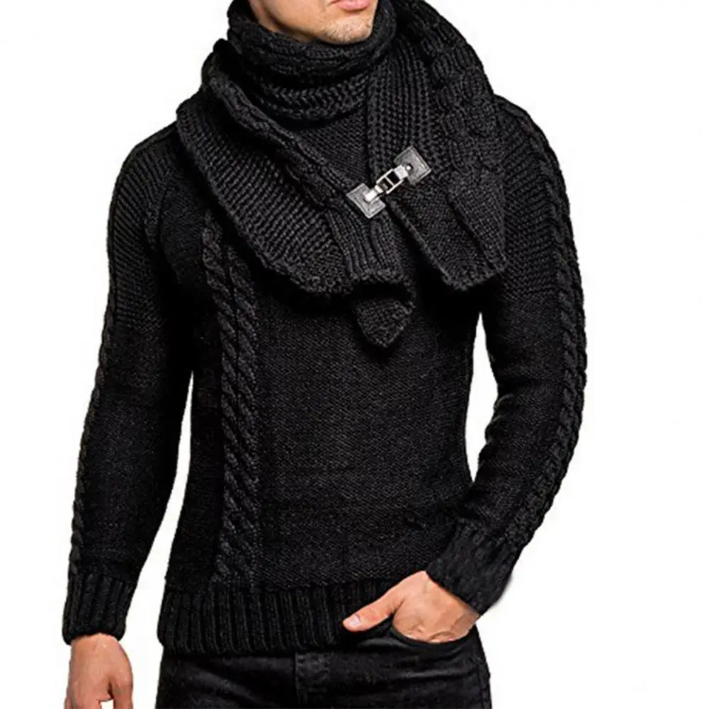 2Pcs/Set O-Neck Long Sleeve Twist Ribbed Cuffs Men Sweater Scarf Autumn Winter Solid Color Thickened Warm Sweater Jumper Scarf