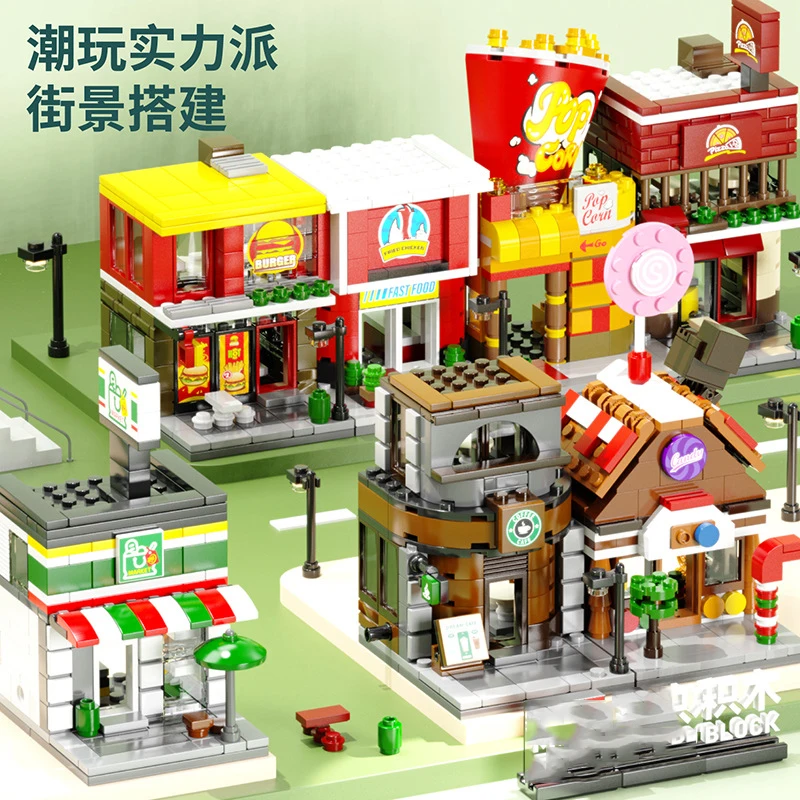 

City Street View Shop Market Model Building Blocks Set Hamburger Restaurant Retail Store Creative Mini Architecture Friends Girl