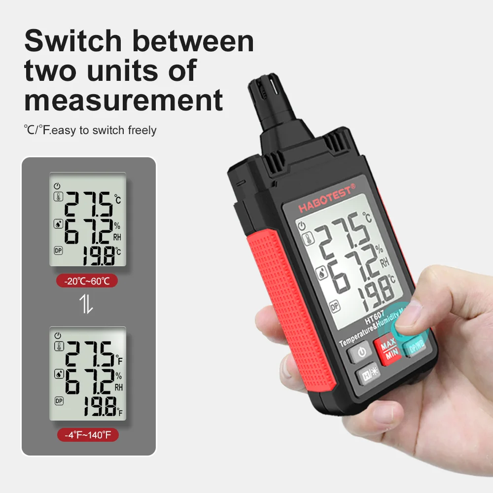 HT607 Medidor de temperatura y humedad higrómetro digital de alta precisión  con ambiente, humedad relativa, punto de rocío, termómetro de bombilla