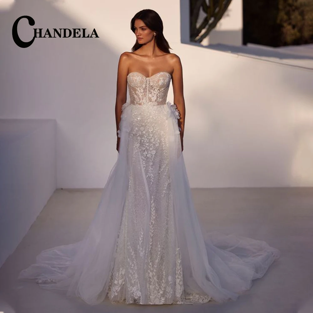 

CHANDELA Chic Detachable Train Wedding Dresses Mermaid Sweetheart Lace Appliques Tulle Sleeveless Custom Made Robe De Mariée
