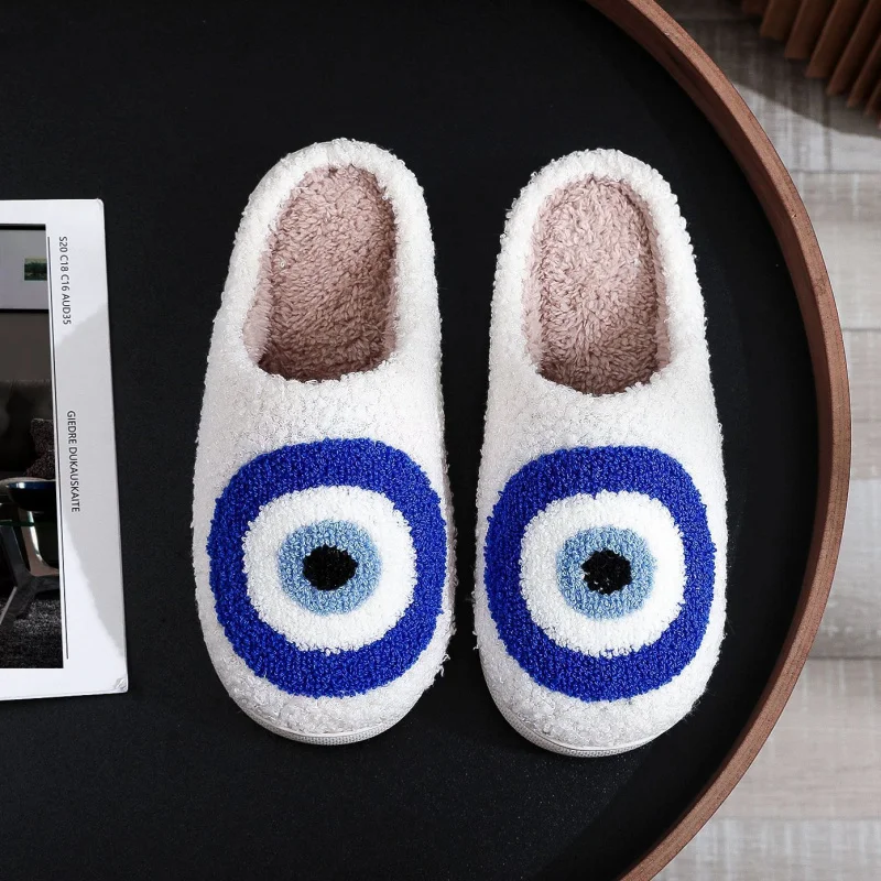 Gothic Evil Eye Slippers Plush Warm Fuzzy Unisex Indoor House Shoes Large Size Available Bold Unique Design for Men and Women