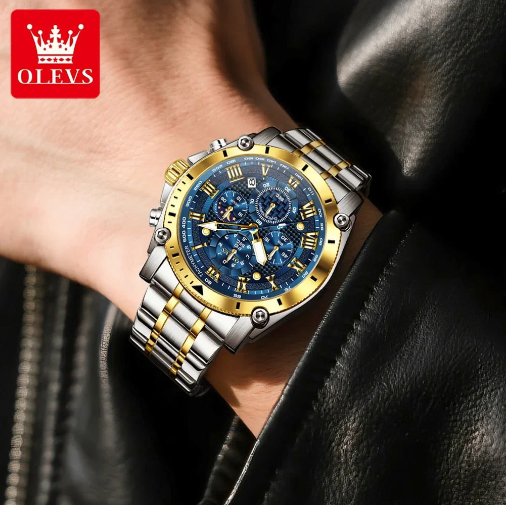 OLEVS Men's Multifunctional Moon Phase Chronograph Quartz Watch - Waterproof Sports & Business Timepiece