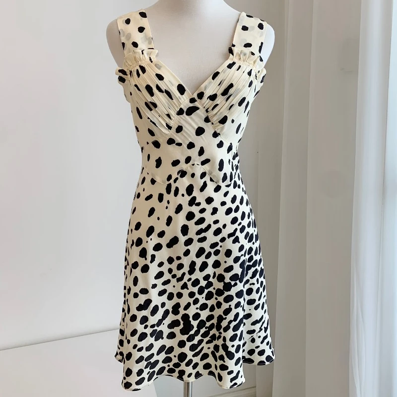 

2023 Summer New Arrival Beige Polka Dots Printed Sleeveless Mini Dress for Women Fashion