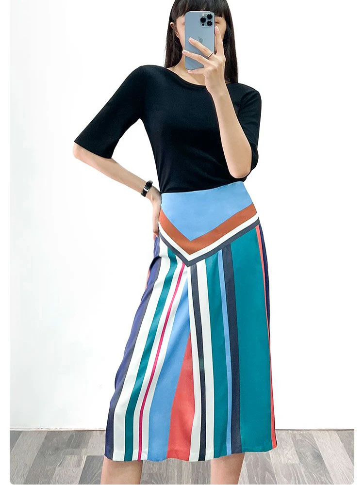

Women Striped A Line Long Skirt Zip Up High Waist Elegant Maxi Skirts Ladies Chiffon Satin Skirts Spring Autumn High Quality